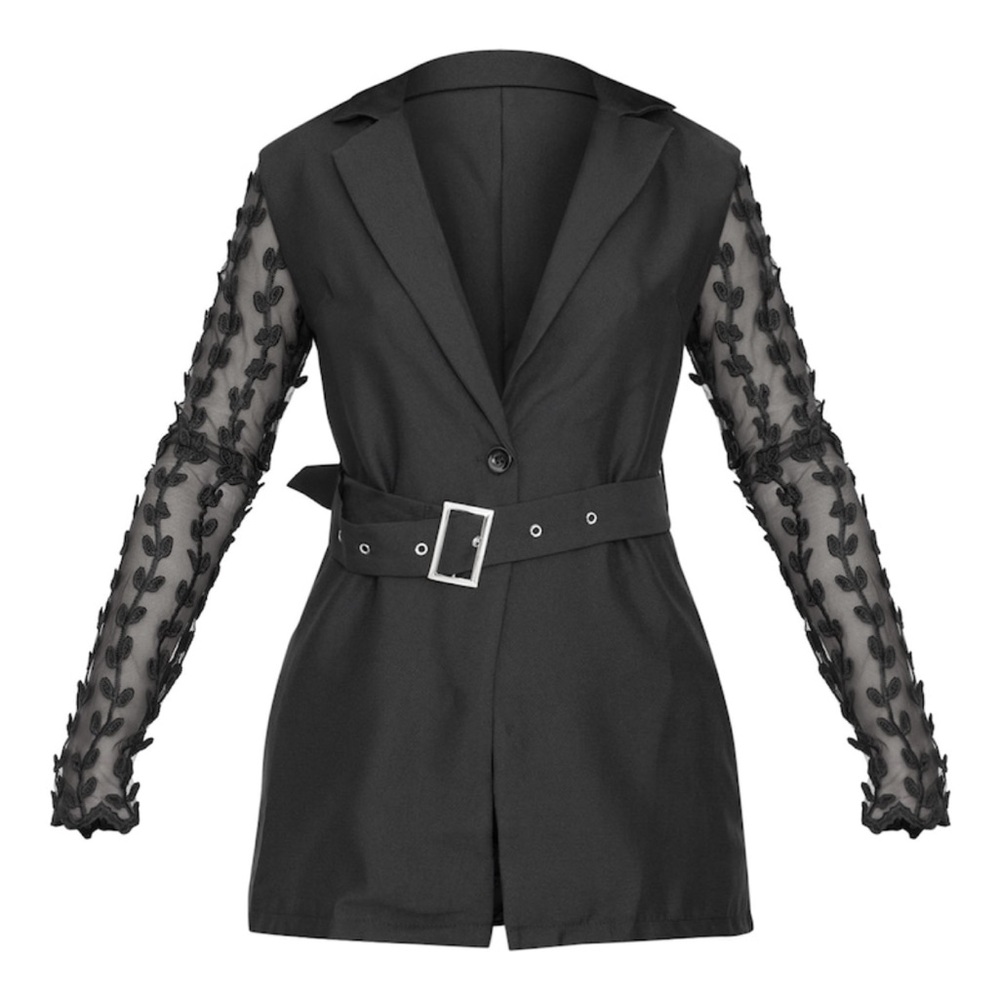 (SOLD) PrettyLittleThing Black Woven Lace Sleeve Belt Blazer Size 12 - Picture 2 of 12